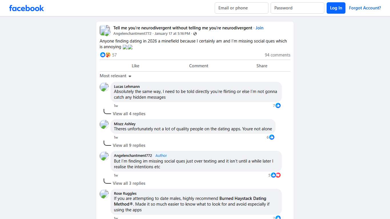 Tell me you're neurodivergent without telling me you're neurodivergent Anyone finding dating in 2026 a minefield because I certainly am and I’m missing social ques which is annoying 🤦🏽‍♀️🤷🏼‍♀️ Facebook